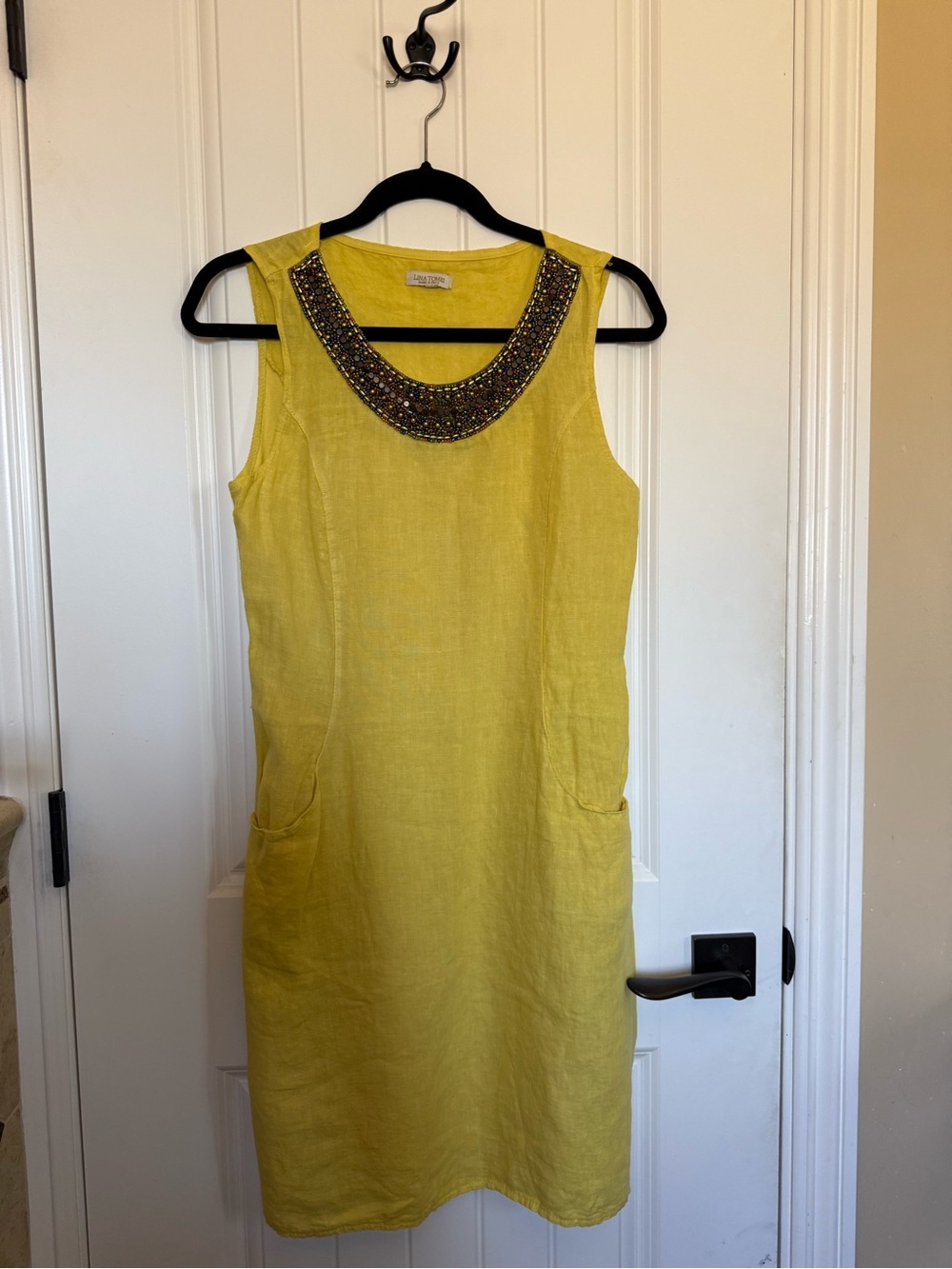 Lina Tomei sleeveless yellow Linen Dress Beaded Collar
